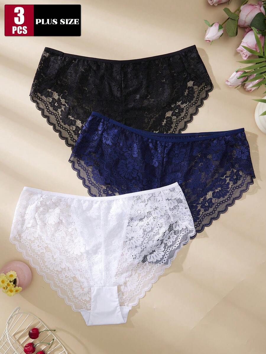 3 piezas Bragas de encaje para mujer de talla grande - Multicolor - Ver 1