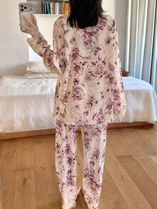 两件套蕾丝边撞色长袖长裤睡衣套装，碎花休闲家居服，四季皆宜 - 紅色 - 查看 2