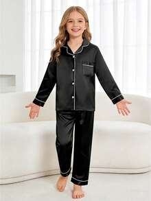 Conjunto de pijama de 2 piezas para niña preadolescente con top de manga larga negro y pantalón largo - Multicolor - Ver 3