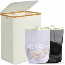 75L Narrow Laundry Basket With Bamb*Oo Handles And Removable Bag For Bathroom & Bedroom Use - Beige Color - Beige - View 9