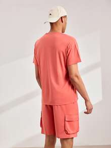 2pcs/Set Men's Casual Loose Fit T-Shirt And Cargo Shorts Set, Men Tracksuit Set,Men Short Sets,Men's Holiday Clothes,Summer Holiday Outfit - Red - View 10