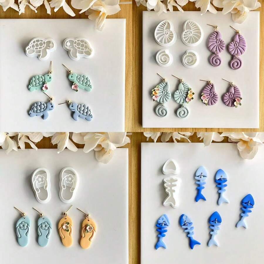 2/4 Stück Ozean-Tier-Themen Polymer Ton Ausstecher, enthält Formen wie Schildkröte, Muschel, kleiner Fisch, für DIY dekorative Ohrringe, Broschen, Anhänger, Keramik, Sommer Strand Urlaubsstile, DIY Ohrring Anhänger Handwerks-Keramik-Set - Weiss - Übersicht 1