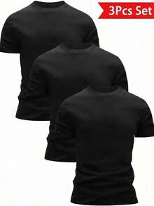 GRDR 3pcs/Set Men's Solid Color Casual Street Sporty Round Neck Short Sleeve T-Shirts, Minimalist Versatile, Suitable For Layering - Multicolor - View 3