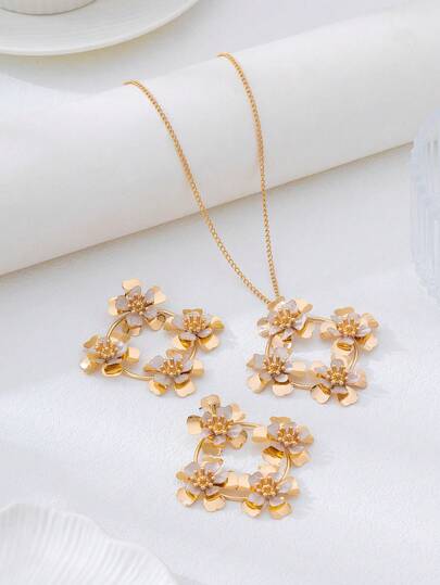 1 Set Elegant Geometric Hollow Flower Earrings & Necklace Jewelry Set, Suitable For Daily Wear And Formal Occasions