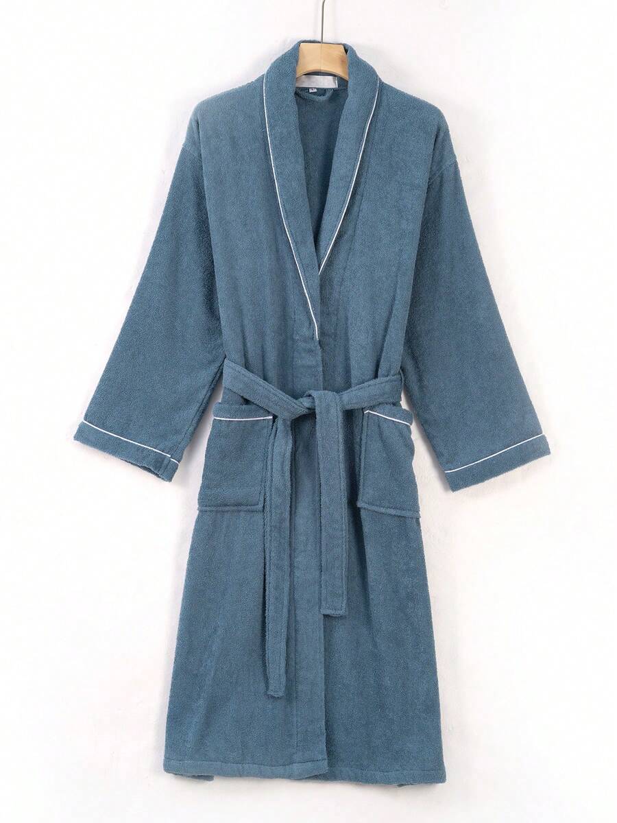 Unisex Terry Cloth Bathrobe, 100% Premium Cotton Robe For Men And Women, Ultra Soft & Highly Absorbent With Pockets & Adjustable Belt, Breathable All Season Loungewear For Spa, Shower & Home, Multiple Colors Available - 藏蓝色 - 查看 1