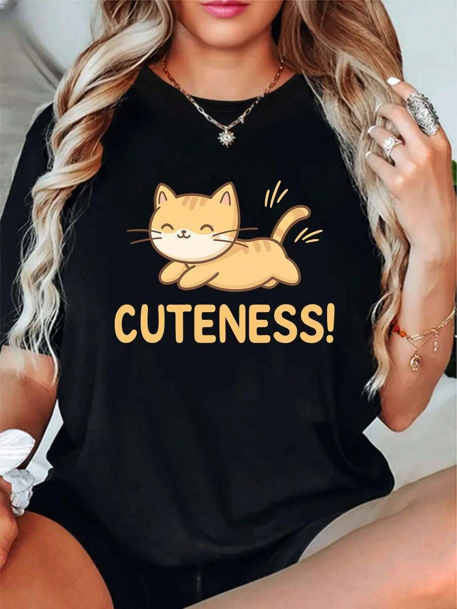 Women's T-Shirt With Cat Graphic Print, Quality Fabric, Street Hip Hop Style, Comfortable, Durable And With Artistic Print. - 黑色 - 查看 1