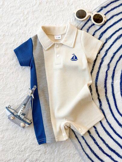Infant Boy's Fashion Polo Collar Button Patchwork Short Sleeve Cartoon Boat Embroidered Romper