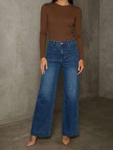 Women's High Waist Elastic Straight Loose Fit Jeans With Pockets Casual Spring - Blue - View 4