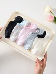 5 Pairs Spring/Summer Korean Style Shallow Mouth Boat Socks With Bow Pattern Mesh Invisible Socks, Sweet Ins Style Non-Slip Socks - Multicolor - View 7