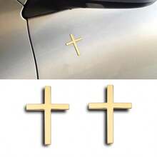 2PCS 3D Metal Cross Emblem Stickers 2.5"*1.8" Car Accessories Cross Decals Decoration Self-Adhesive Jesus Christian Auto Emblem Badge Decal For Vehicles Trunk Tailgate Fender Gold - 金色 - 查看 1