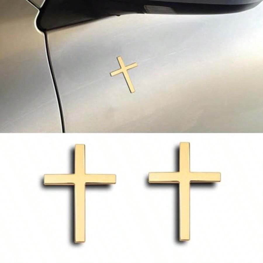 2PCS 3D Metal Cross Emblem Stickers 2.5"*1.8" Car Accessories Cross Decals Decoration Self-Adhesive Jesus Christian Auto Emblem Badge Decal For Vehicles Trunk Tailgate Fender Gold - 金色 - 查看 1