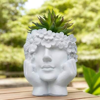 1pc Charming Resin Face Flower Pot - Girl Design Planter With Drainage Hole, Suitable For Succulents And Small Plants, Great For Indoor/Outdoor Decor, All Season, Multipurpose, No Electricity Needed