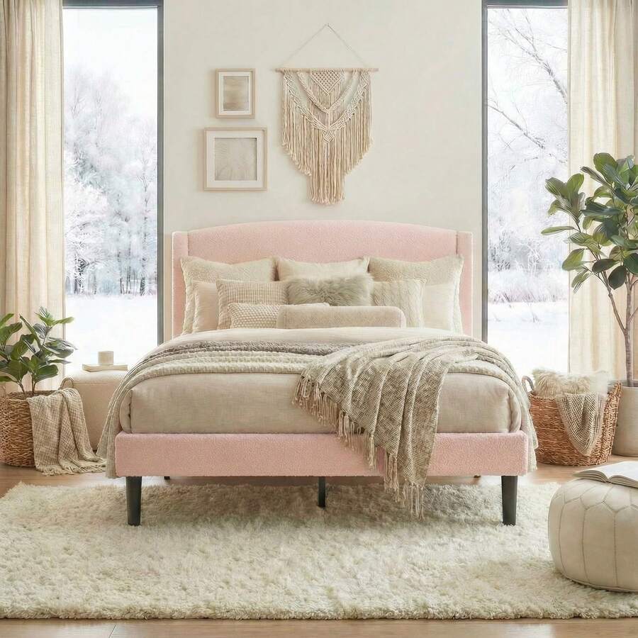 Allewie Modern Full/Queen/King Size Plush Teddy Fabric Bed Frame, Curved Upholstered Headboard, Easy Setup, Reinforced Durable Metal Frame, Under Bed Storage, No Box Spring Required, Pink - 粉色 - 查看 1