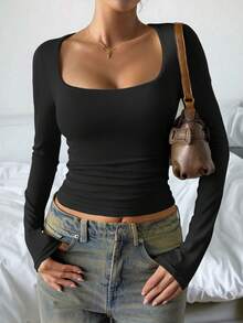 Vaiaye 大码女装春夏性感修身长袖针织上衣，纯色方领T恤，休闲黑色 - 黑色 - 查看 10