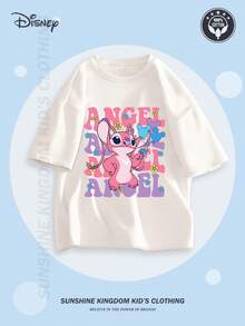 Disney [Officially Licensed By ] 'Lilo & Stitch' Angel Printed Cotton T-Shirt Children's Short-Sleeve T-Shirt, Cartoon Print Top For Boys And Girls, Casual Sports Crew Neck Short-Sleeve Cotton T-Shirt, Machine Washable, Comfortable, Cool, Durable Knitted Gift - trắng - Xem 1