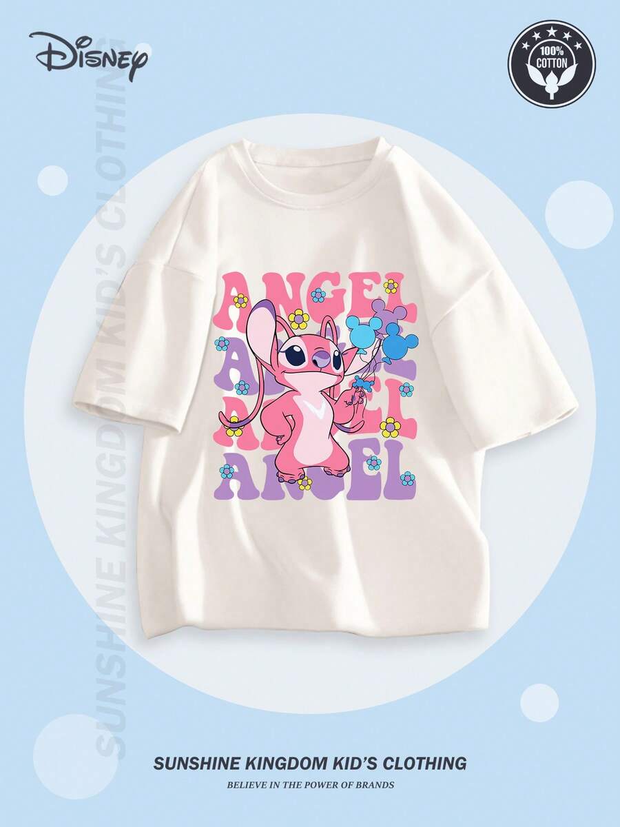 Disney [Officially Licensed By ] 'Lilo & Stitch' Angel Printed Cotton T-Shirt Children's Short-Sleeve T-Shirt, Cartoon Print Top For Boys And Girls, Casual Sports Crew Neck Short-Sleeve Cotton T-Shirt, Machine Washable, Comfortable, Cool, Durable Knitted Gift - trắng - Xem 1