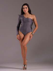 J.A.B.I Modas Women's Long Sleeve One Shoulder Bodysuit - 灰色 - 查看 4