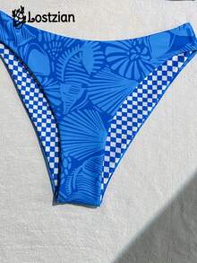 2026 性感优雅女士比基尼泳衣/时尚蓝色无肩带（无胸垫）泳装/聚酯纤维面料，海洋贝壳印花图案，格子印花衬里/胸前海螺吊坠泳衣/高衩泳裤/海滩度假/泳池派对/情人节/狂欢节/性感休闲装 - 彩色 - 查看 5