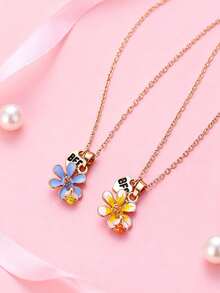 2pcs/Set Girls' Zinc Alloy Colorful Enamel Flower Pendant Necklace Set, Includes Heart-Shaped BFF Charm, Suitable For Daily Wear And Sharing With Best Friends - one-size - View 6