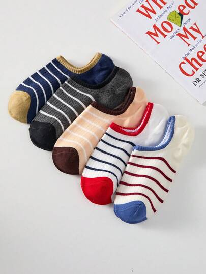 5 Pairs Women's Non-Slip Short Striped Boat Socks, Suitable For All Seasons Wear, Fitness, Daily, Invisible Socks