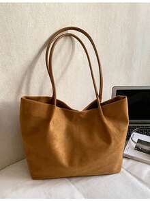 2026春季新款咖啡棕色绒面复古包，大容量单肩包/腋下包，商务女士休闲时尚日常通勤包，适合工作、购物、约会、旅行、大学生等各种场合，女士手提包，日常使用 - 棕色 - 查看 7