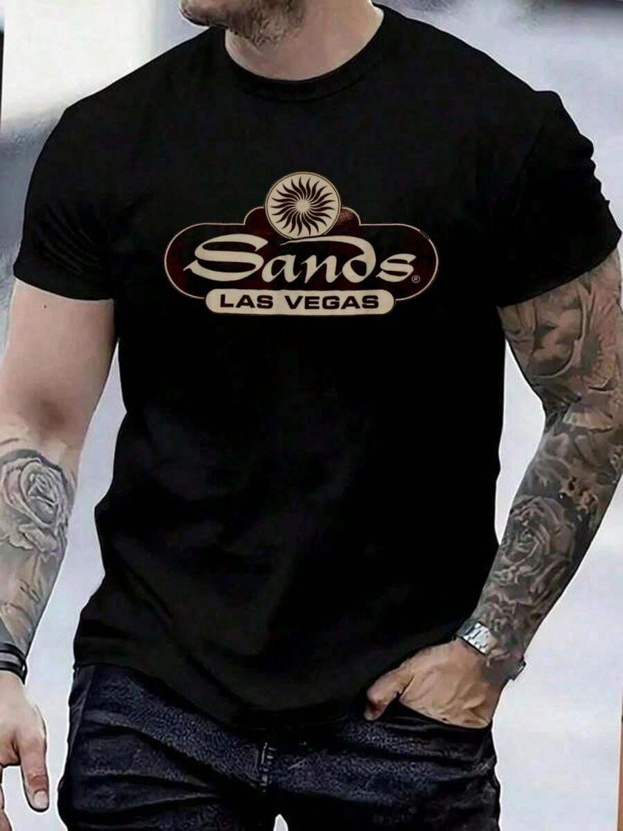 100% Cotton Sands Hotel Casino Vintage Sign Retro Las Vegas T-Shirt Street Hip-Hop Style Men's T-Shirt - Black - View 1