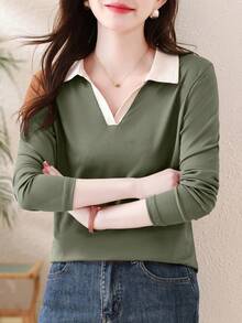 2025 New Autumn Women Polo Collar Long Sleeve T-Shirt, Fashionable Outer Wear Pullover Top - Army Green - View 3