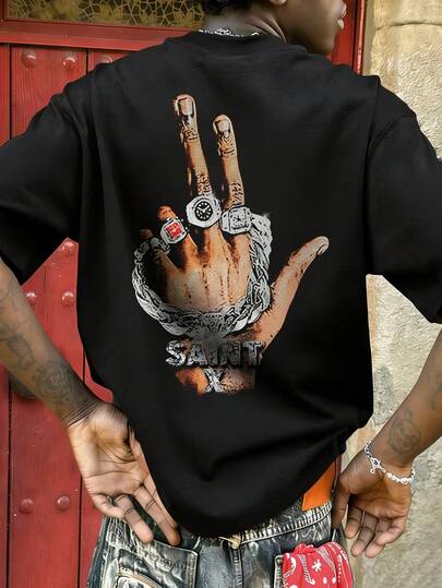  Fractyr Men's Fashion Casual Street Rock Hip Hop Loose Short-Sleeve T-Shirt | Diamond & Lucky Hand Gesture Print | Exquisite Design | Spring/Summer Must-Have Item | Basic Style, Retro Look, Versatile And Easy To Wear, Cotton Feel | The Perfect Gift For Friends | Showcase Your Unique Personality