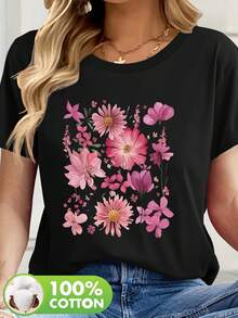 Camiseta Casual De Manga Corta Con Estampado 100% Nuevo Para Mujer, Cuello Redondo, Verano - [Oscuro] - Ver 1