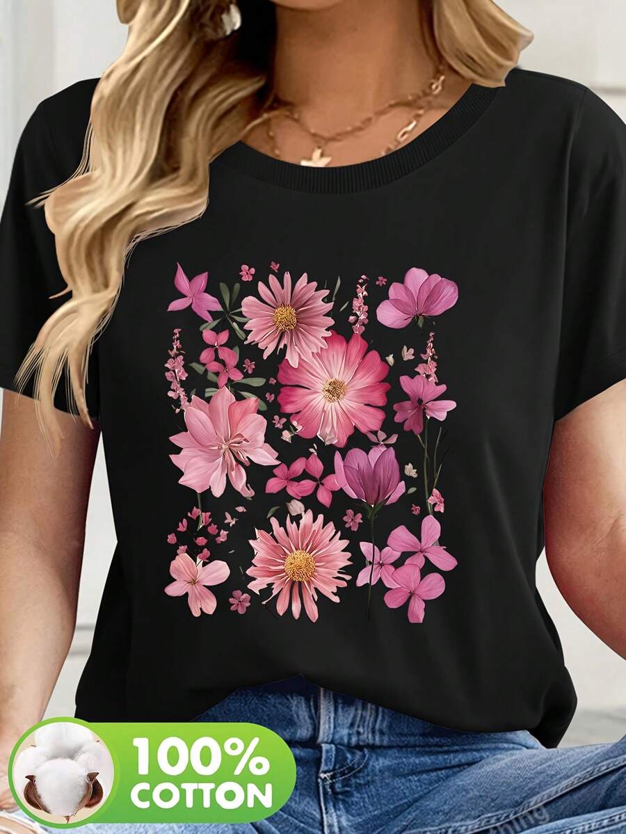 Camiseta Casual De Manga Corta Con Estampado 100% Nuevo Para Mujer, Cuello Redondo, Verano - [Oscuro] - Ver 1