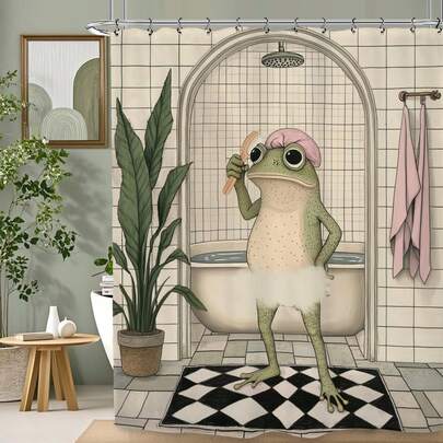 1 件复古青蛙主题浴帘，动物新奇复古风格，适用于浴缸隔断、浴室装饰、浴室配件