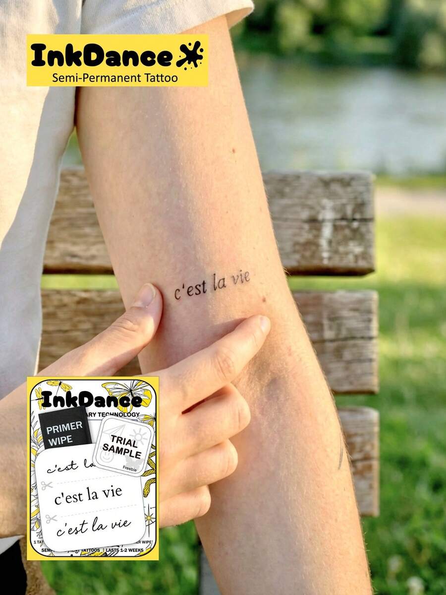 1 Kit "C'est La Vie" Revolutionary Technology Tattoos, Semi-Permanent Tattoos, Temporary Tattoos, Long Lasting, Men Women Fake Tattoos, Water-Resistant, Authentic Tattoo Look, Plant-Based, Present MNF029 - Black - View 1