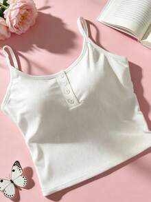 Versatile U-Neck White Gorgeous Backless Tank Top, Fitted Breathable Women's Outerwear, Fashionable Pullover Solid Color Front Button With Chest Pad Casual Sports Vest - White - View 7