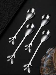 Stainless Steel Leaf-Shaped Dessert Spoon, Coffee Spoon, Stirring Spoon, Leaf-Shaped Spoon, Cake Spoon, Ice Cream Spoon, Picnic Spoon - Multicolor - View 1