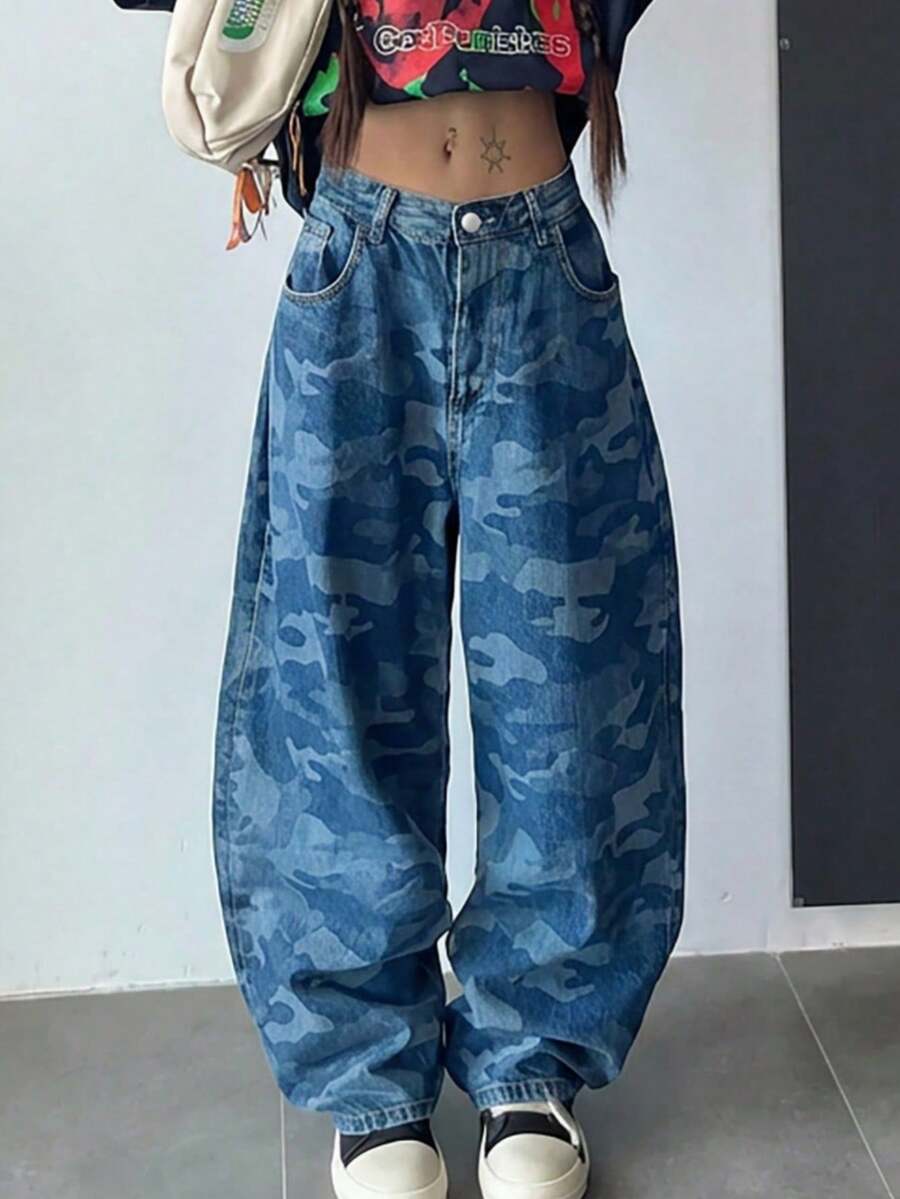 女士休闲宽松百搭迷彩口袋阔腿牛仔裤 - 藍色 - 查看 1