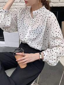 Camisa de mujer Blusa de gasa con lunares para mujer, nueva colección primavera-otoño, diseño de moda francés, camisa suelta de estilo exclusivo - Blanco - Ver 2