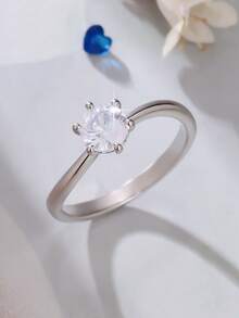 1 chiếc nhẫn thời trang tối giản, đa năng, thanh lịch, 6 chấu tròn, đính đá Cubic Zirconia tổng hợp, thích hợp cho nữ, dịp Lễ Tình nhân, đính hôn, đám cưới. - Bạc - Xem 3