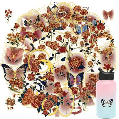 50pcs Transparent Vintage Rose Art Stickers Aesthetic Graffiti Decals DIY Luggage Scrapbook Creative Gilding Sticker Pack