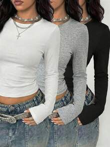 女士Y2K优雅百搭春秋字母印花四领长袖短款修身T恤，印花圆领长袖褶皱修身T恤，适合夏季和秋冬季节 | 辣妹 | Y2K甜美女孩修身粉色上衣 | 春季时尚，简约风格，顺滑面料，时尚女式衬衫 - 黑+白+淺灰 - 查看 3