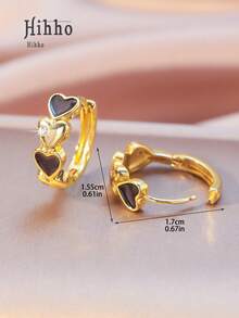 Hihho 1 Pair Warm & Sweet Copper Gold Hoop Earrings, Zirconia Accented Enamel Heart Shaped Earrings, Suitable For Daily Wear And Holiday Gift - Heart-shaped Earrings - View 5