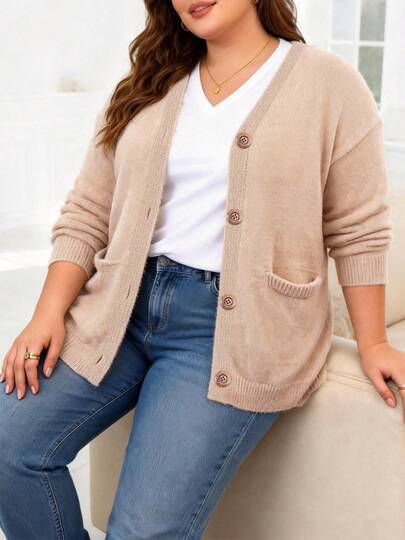 ASHKATIA 大码女式纯色单排扣休闲百搭日常长袖开衫