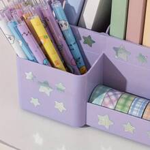 [Multi-Functional] Sturdy Desktop Book Stand & File Organizer | 4 Compartments | Easy Assembly, No Power Needed, Utility Hooks - Black (send Glitter Star Stickers) - View 5