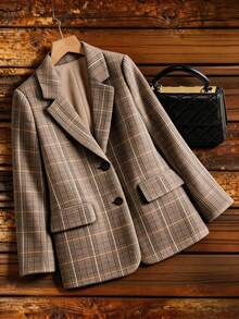 Chaqueta de blazer de lana a cuadros vintage para mujer, con solapa de abotonadura sencilla y manga larga para la oficina y el transporte - Granate - Ver 4