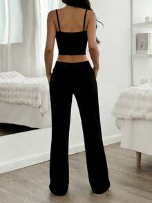 Women's Summer Two Pieces Black Simple Casual Hottie Suspender Top And Wide Leg Pantsuit Is Suitable For Daily Commuting - Black - View 2