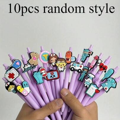 5/10pcs Creative Minimalist Cartoon Cute Medical/Nursing/Doctor Themed Retractable Ballpoint Pens, Campus Design Back To School Medical Series Clickable Neutral Pens, Random Colors