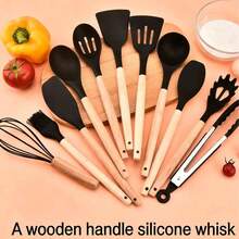 Wooden Handle Non-Stick Silicone Kitchenware, Heat Resistant, Cooking Utensils For Home Kitchen - Multicolor - View 1