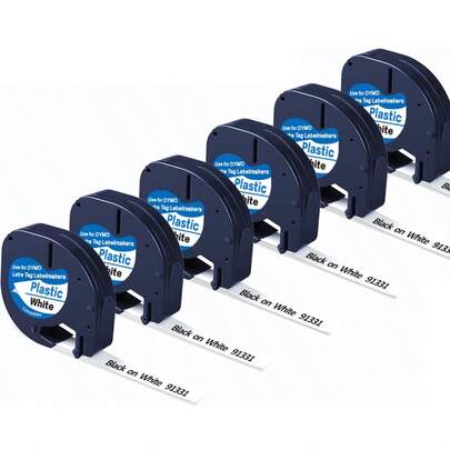 6 لفات شريط بلاستيكي أسود على أبيض 91331، متوافق مع أجهزة طباعة الملصقات DYMO LetraTag، يناسب LetraTag 200B، LT 100H، 100T Plus، LT-110T، LT-100H، LT-2000، LT-QX50، بمقاس 12مم * 4م، 6 لفات/عبوة