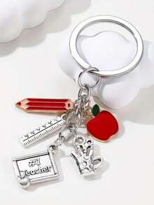 1 pieza Llavero conmemorativo del Día del Maestro con manzana roja, lápiz, paleta, regla, portaplumas - Plateado - Ver 1