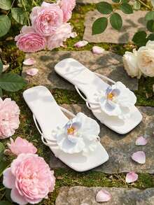 planare 新款时尚女士度假凉鞋,花卉绑带露趾套脚舒适轻便夏季户外/室内平底凉鞋,白色凉鞋配蓝色花卉图案 - 白色加白藍色花 - 查看 6