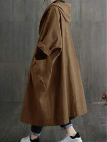 Áo khoác dáng dài rộng rãi, nhẹ nhàng dành cho nữ, kiểu dáng , có túi lớn, cài cúc phía trước, có mũ trùm đầu, thoải mái và đa năng, thích hợp cho mùa thu/đông/xuân. - Cà phê nâu - Xem 5